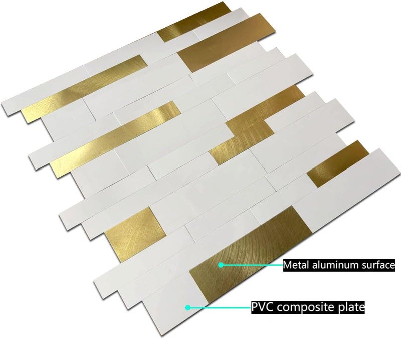 weimeisc 10-Sheet Peel and Stick Backsplash Tile, PVC Mixed Metal Stick on Backsplash Tiles for Kitchen (White +Frosted Golden) - Image 5